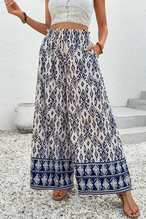 Blue Boho Pattern Print High Waist Wide Leg Loose Pants