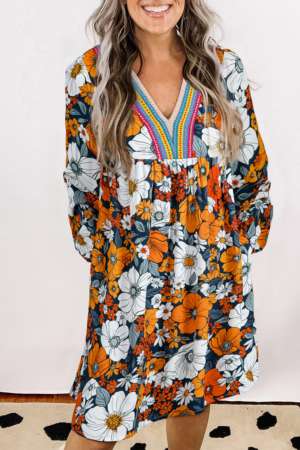 Orange Floral Print Striped Lace V Neck Long Sleeve Mini Dress