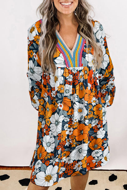 Orange Floral Print Striped Lace V Neck Long Sleeve Mini Dress