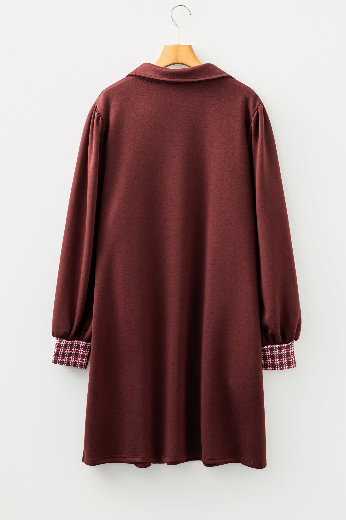 Coffee Contrast Plaid Trim Patchwork Collared Plus Size Shift Mini Dress