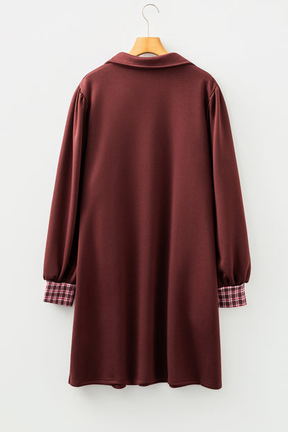 Coffee Contrast Plaid Trim Patchwork Collared Plus Size Shift Mini Dress