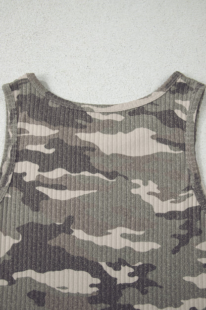 Green Camouflage Print Ribbed Knit Round Neck Tank Top