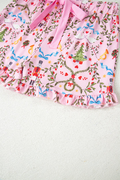 Pink Nutcracker Doll Christmas Print Ribbon Tie Waist Short 2pcs Pajama Set
