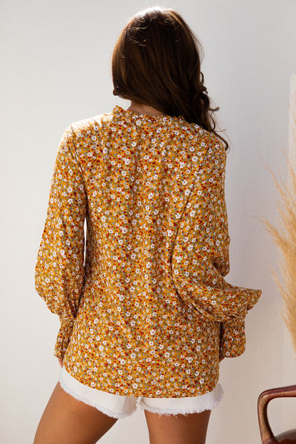 Orange Boho Floral Ruffled Bubble Sleeve V Neck Fall Blouse