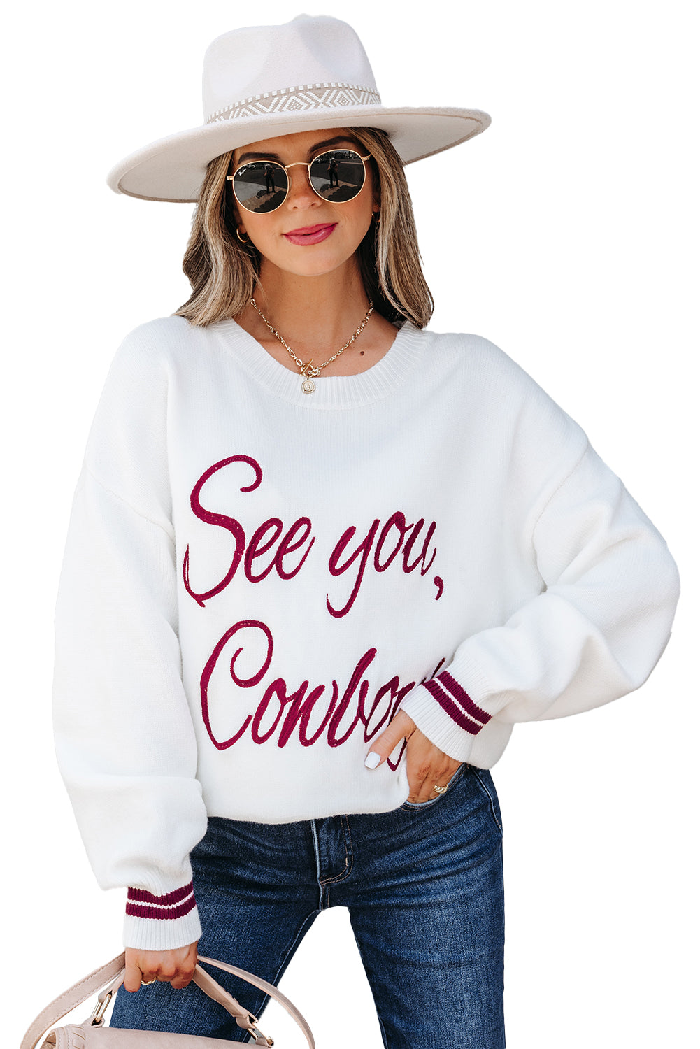 Light Grey See You Cowboy Embroidered Western Graphic Sweater