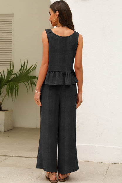 Black Solid Color Ribbed Ruffle Tank Top and Pants Set