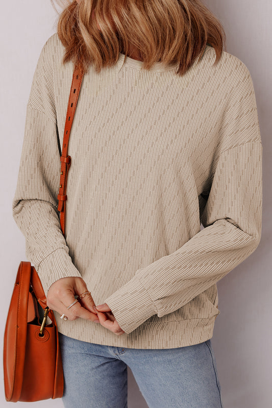 Straw Yellow Solid Color Textured Long Sleeve Top