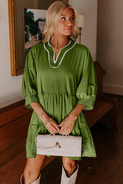 Jungle Green Contrast Stitched V Neck 3/4 Sleeve Tiered Mini Dress