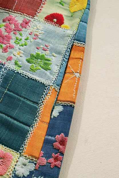 Sky Blue Mix Floral Checkered Pattern Bubble Sleeve Ruffle Hem Dress