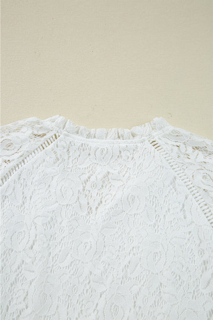 White Tie V Neck Lace Ruffle Detail Long Sleeve Blouse