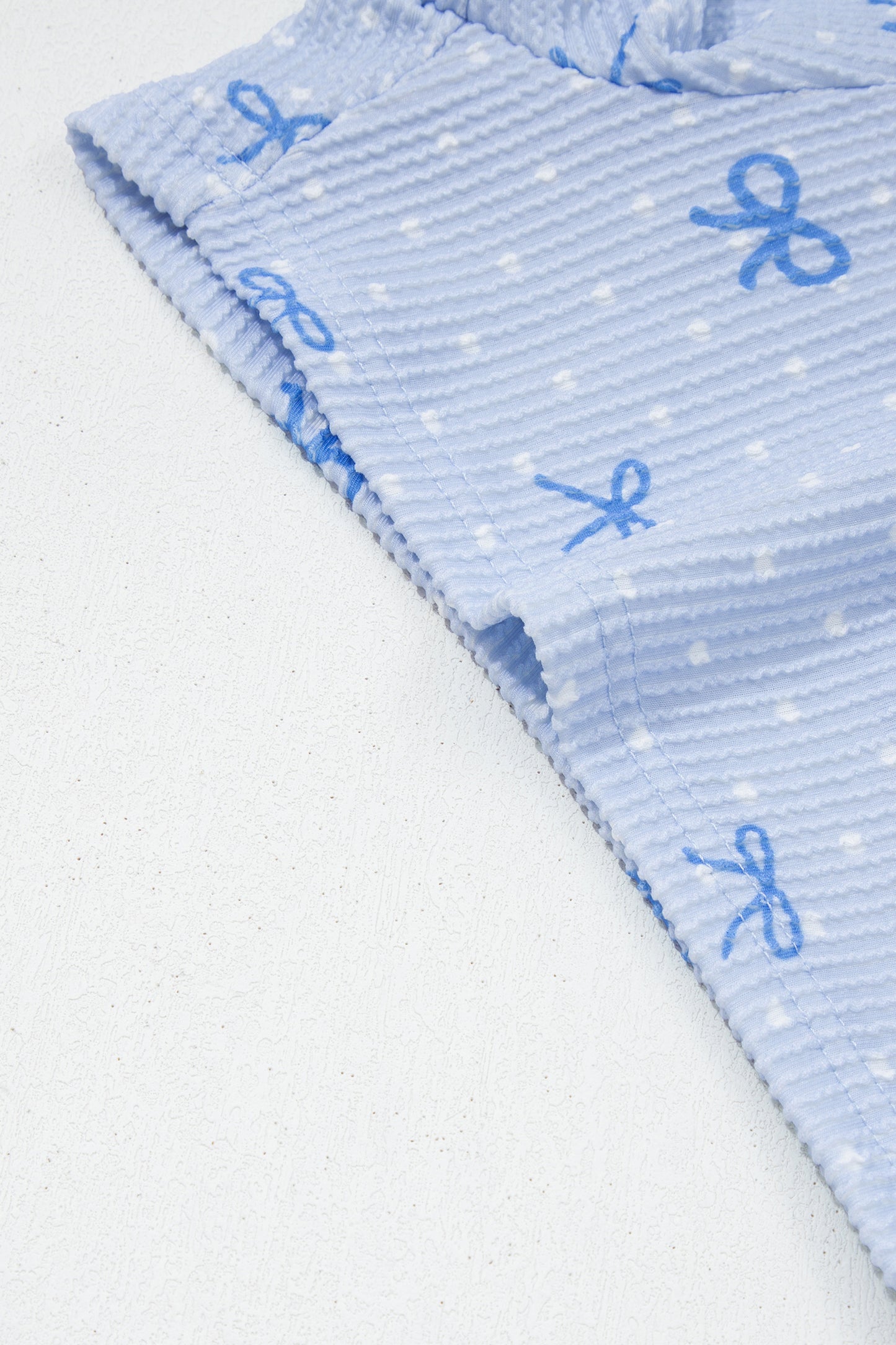 Sky Blue Valentines Bow Print Twisted Rib Loose Long Sleeve Top 2pcs Short Set