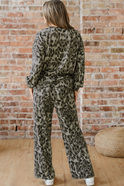 Brown Leopard Print Raw Seam Patchwork Pullover Drawstring Loose Pant Set