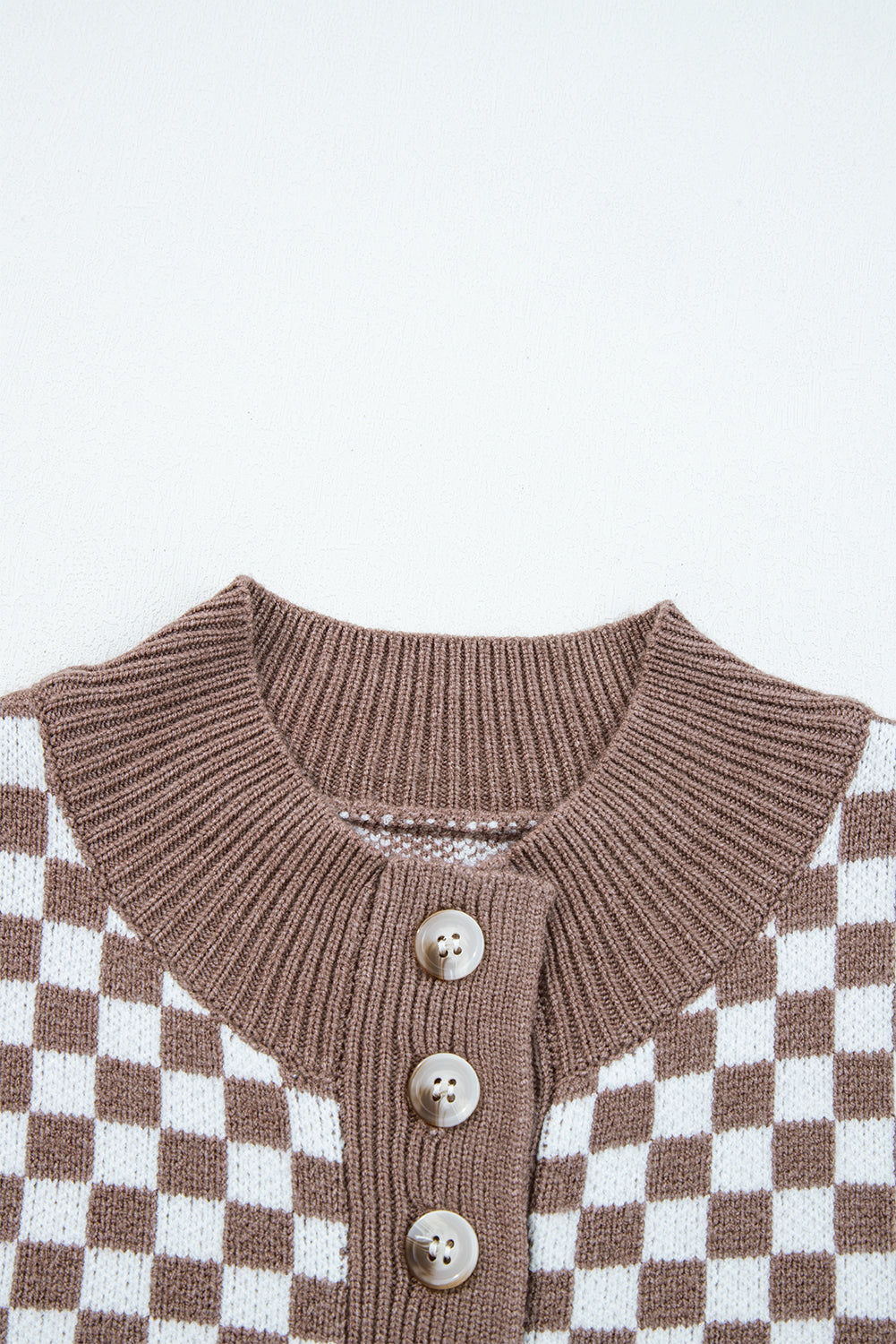 Dark Brown Half Button Ribbed Trim Checkerboard Knit Sweater