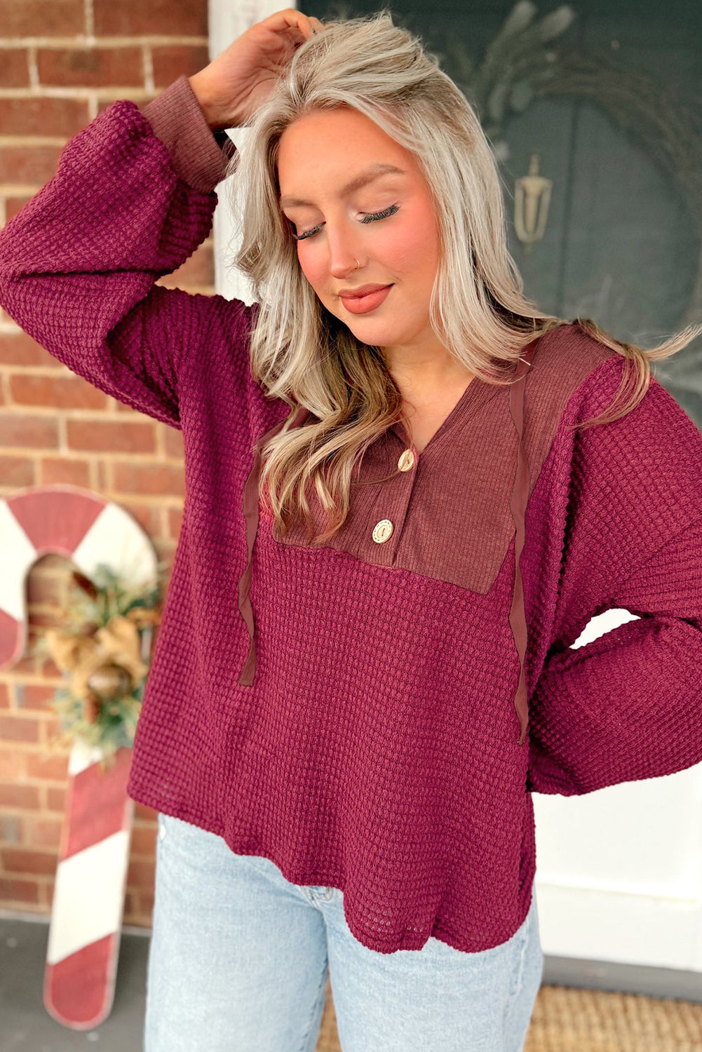 Racing Red Waffle Patchwork Drop Shoulder Hooded Long Sleeve Top