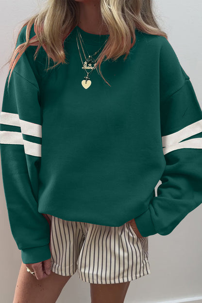 Navy Blue Varsity Striped Detail Drop Shoulder Oversized Sweatshirt