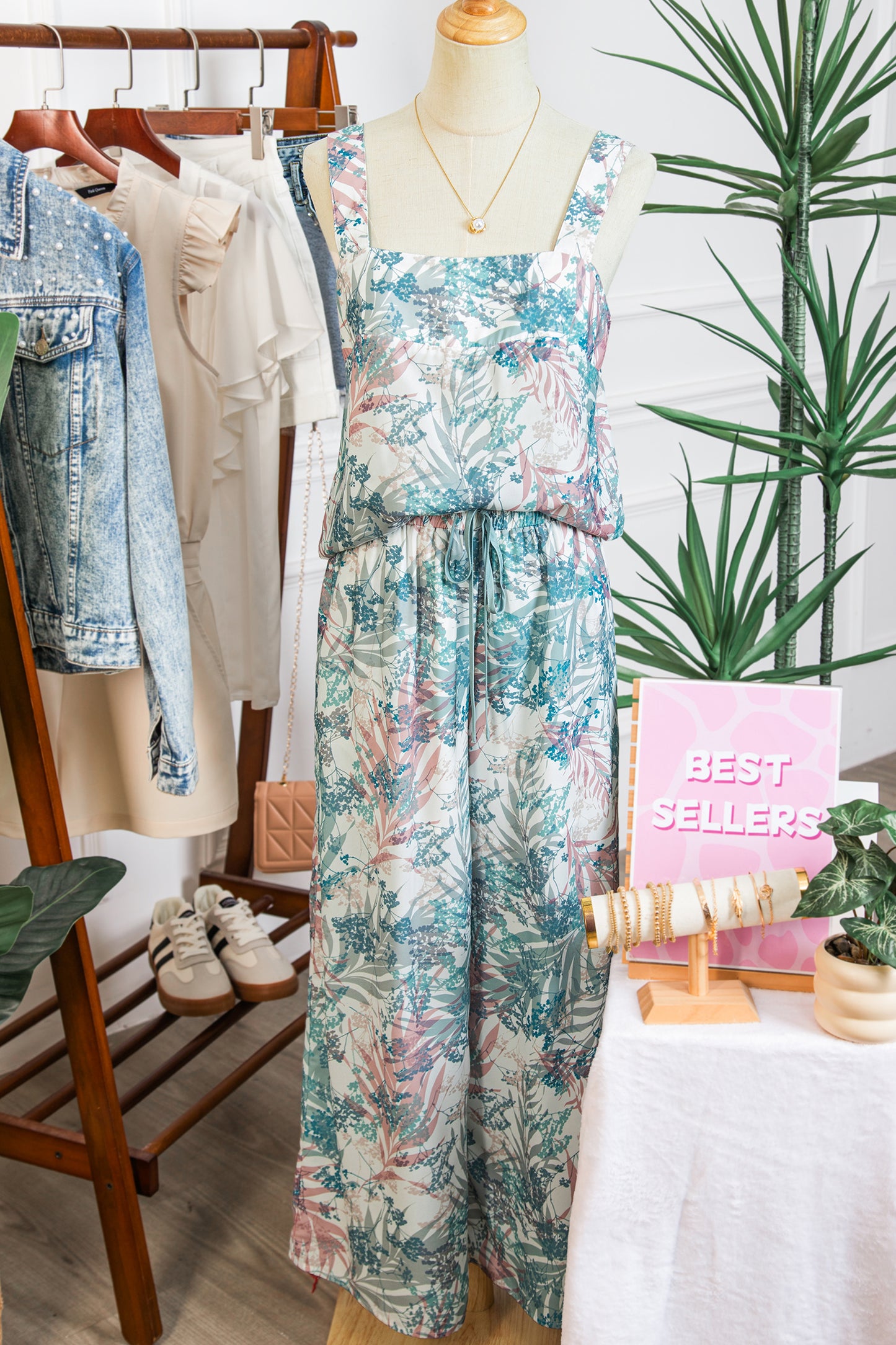 Green Tropical Palm Printed Cropped Tank Drawstring Wide Leg Pant Set