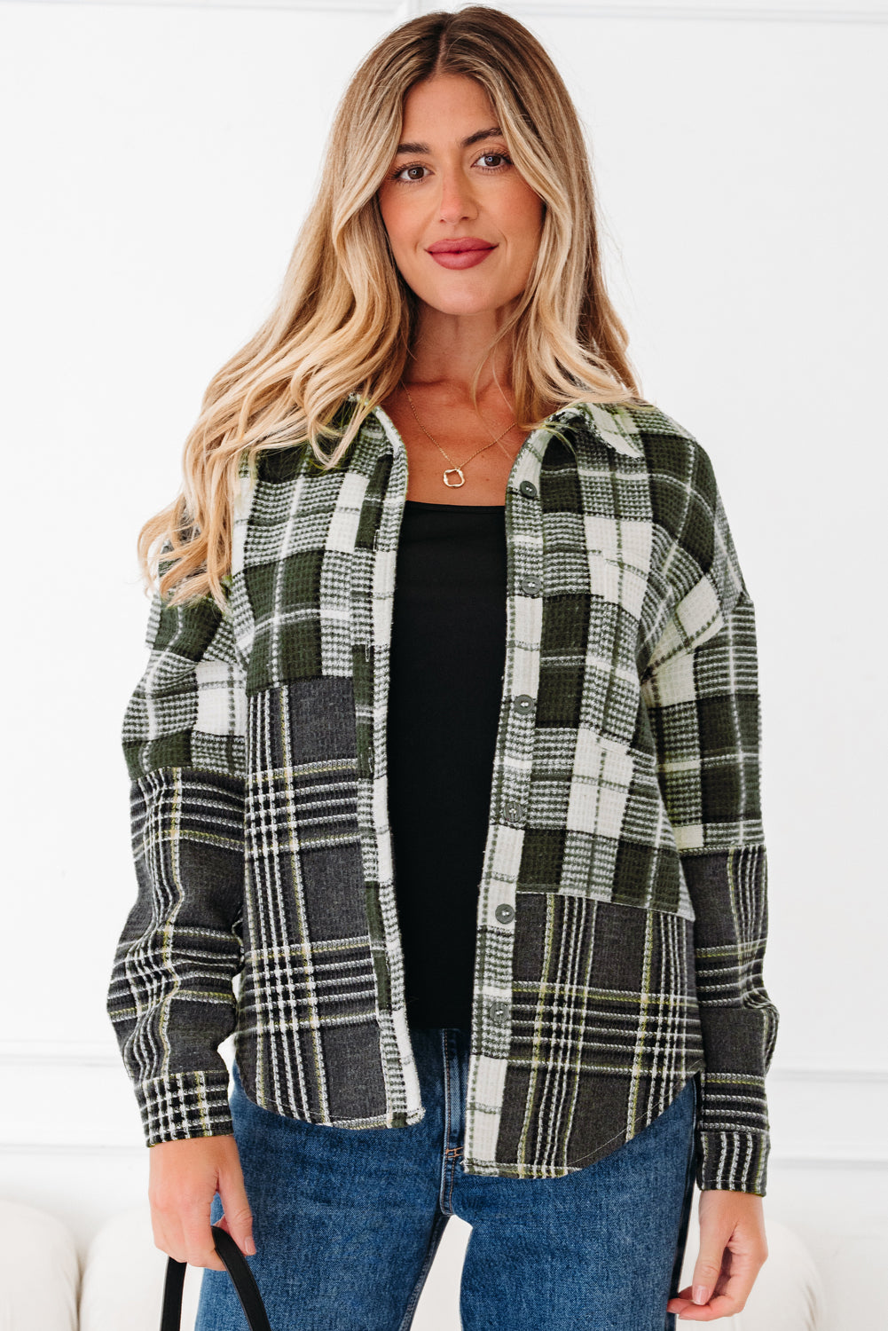 Black Plaid Print Textured Knit Buttoned Shacket