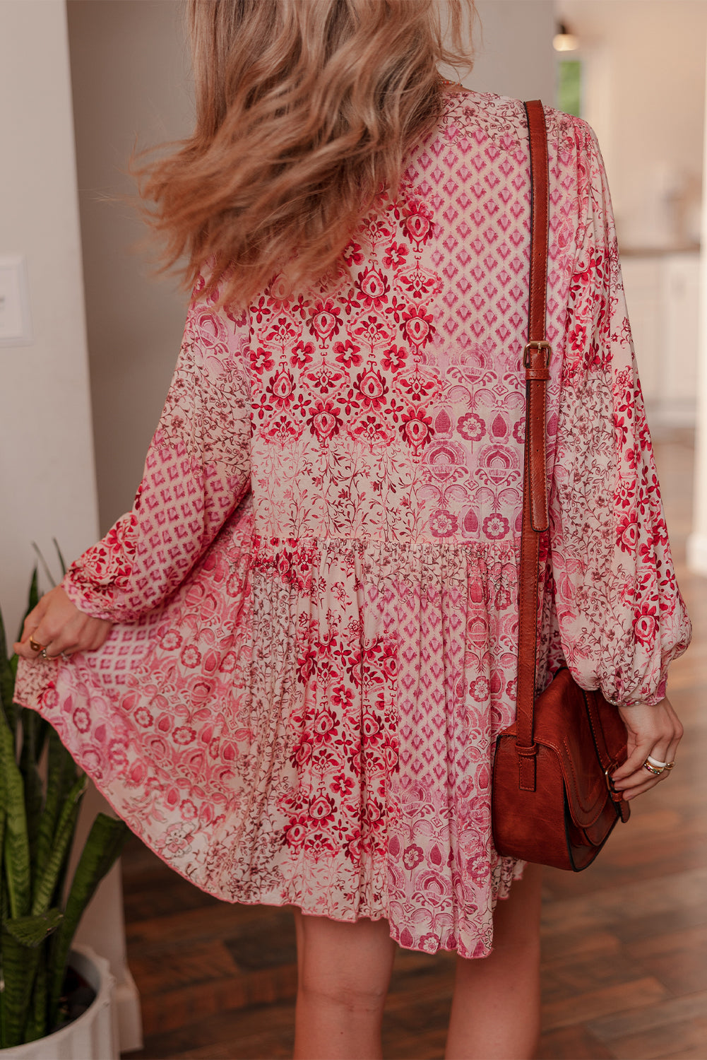 Pink Bohemian Floral Print Tassel Tie Long Sleeve Flowy Mini Dress