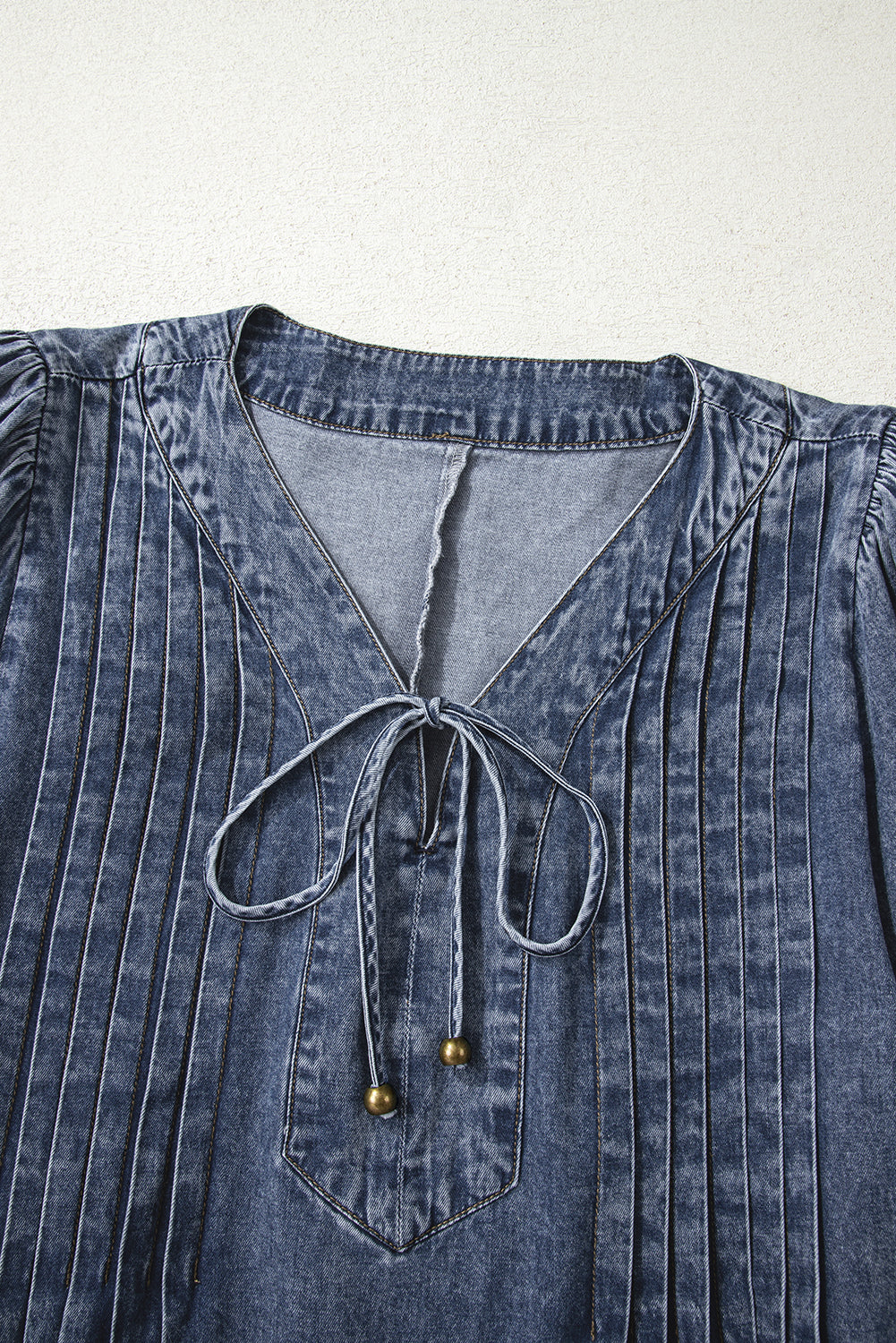 Sail Blue 3/4 Sleeve Tied V Neck Pleated Denim Mini Dress
