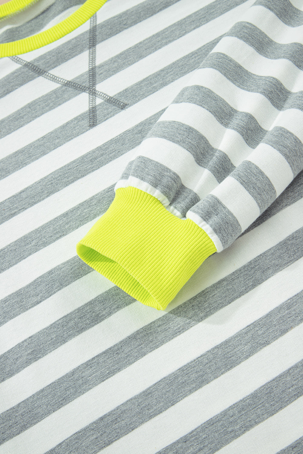 Gray Stripe Contrast Ribbed Banding Long Sleeve Blouse Loose Shorts Set