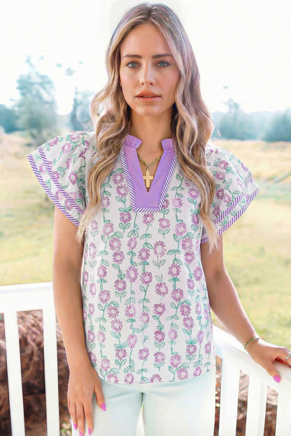 Green Floral Print Striped Detail Contrast V Neck Patchwork Flutter Sleeve Blouse