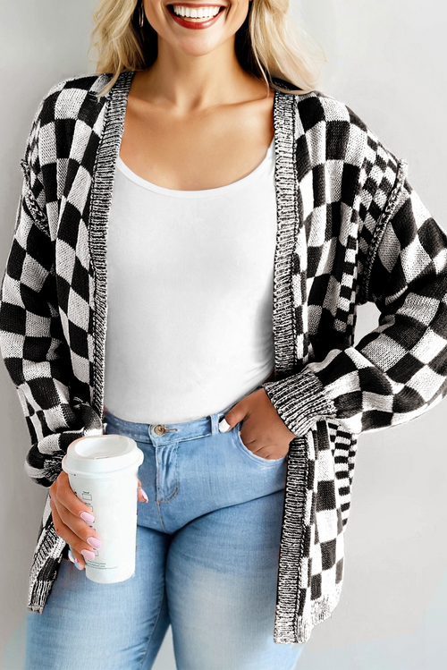 Black Plus Size Checkered Bubble Sleeve Drop Shoulder Open Cardigan