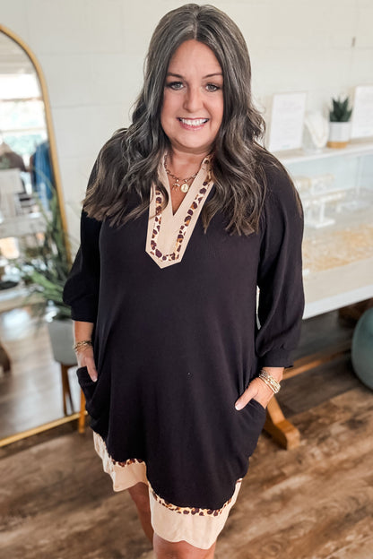Black Contrast Color Block Leopard Trim Plus Size Ribbed Dress