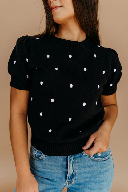 Black Elegant Polka Dot Bubble Short Sleeve Sweater