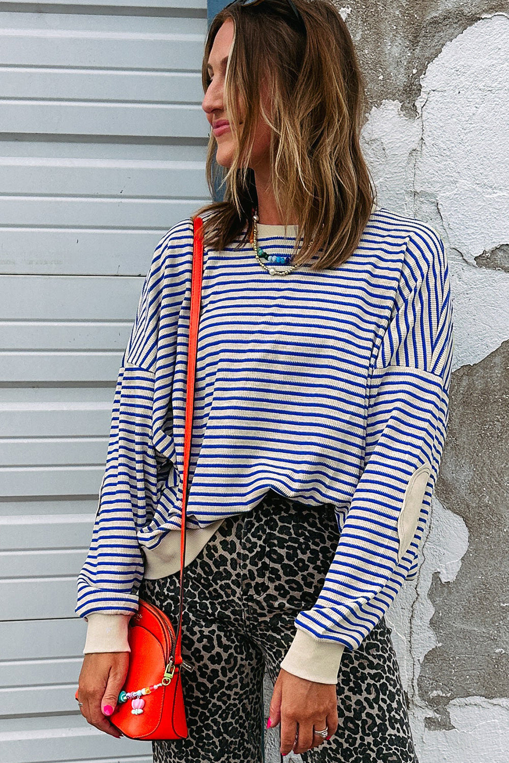 Blue Stripe Textured Elbow Patched Crew Neck Drop Shoulder Sweatshirt