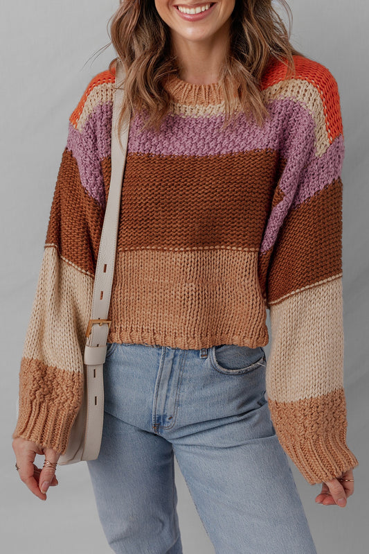 Multicolour Cropped Colorblock Drop Shoulder Knitted Sweater