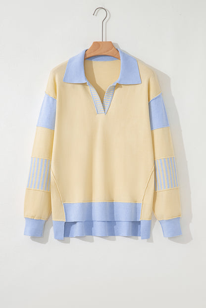Sky Blue Stripe Contrasting Polo Collar Color Block Knit Drop Shoulder Sweater