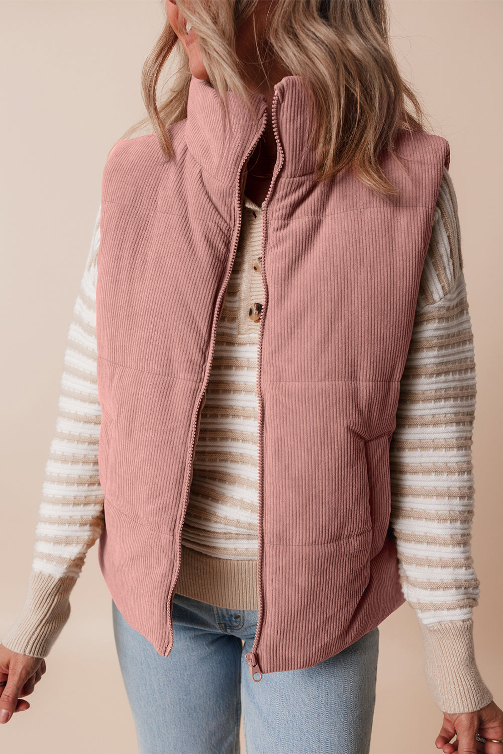 Apricot Pink Corduroy Stand Neck Zipped Puffer Vest