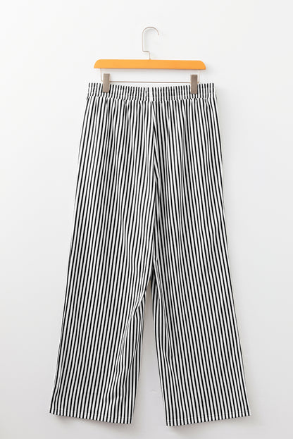 Brown Stripe Elastic High Waist Pocketed Loose Pants
