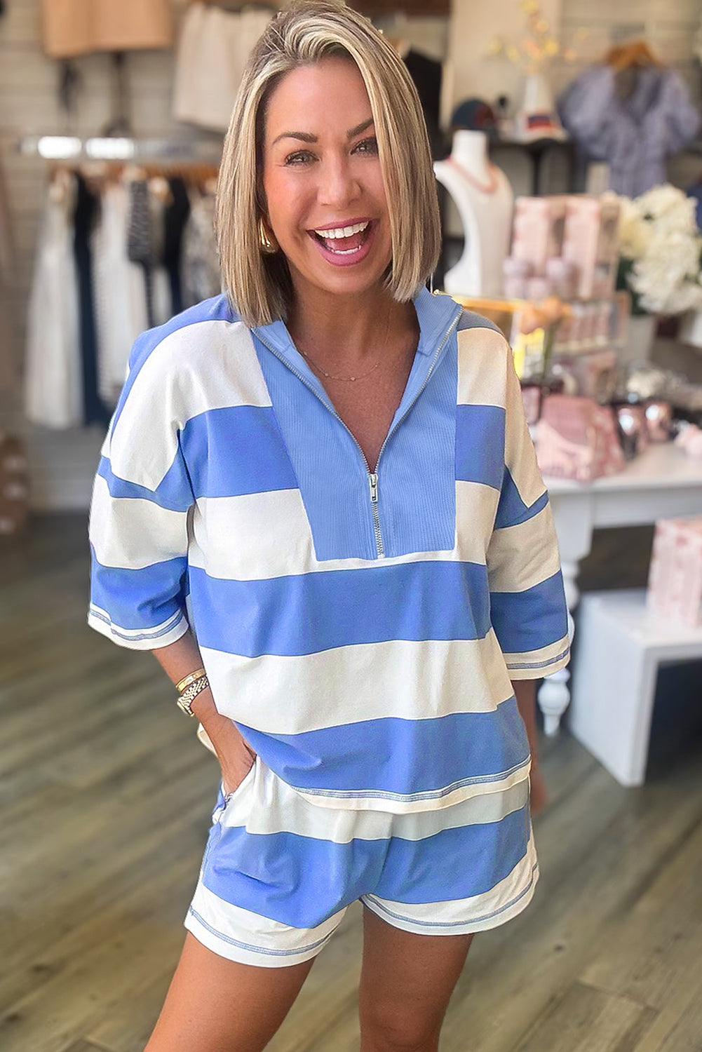 Sky Blue Stripe Seam Detail Half Zip Oversize Tee Casual Shorts 2pcs Set