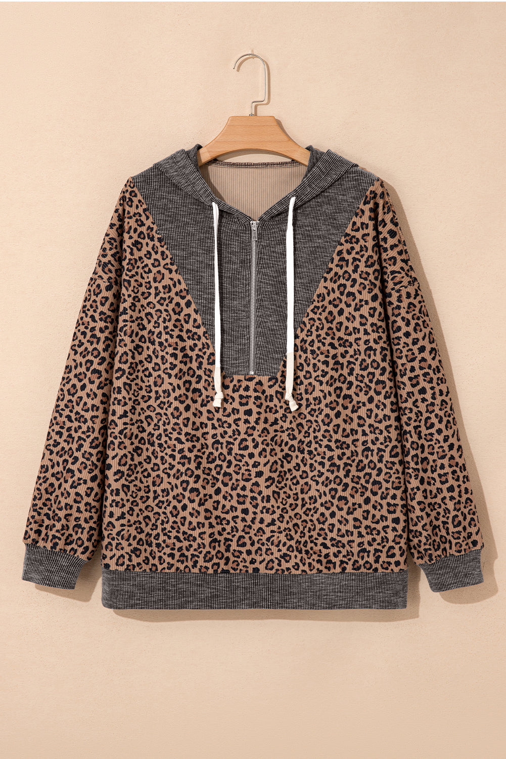 Khaki Ribbed Leopard Print Contrast Collar Zip Hooded Pullover Sweatshirt