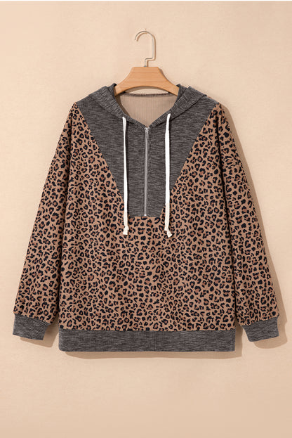 Khaki Ribbed Leopard Print Contrast Collar Zip Hooded Pullover Sweatshirt
