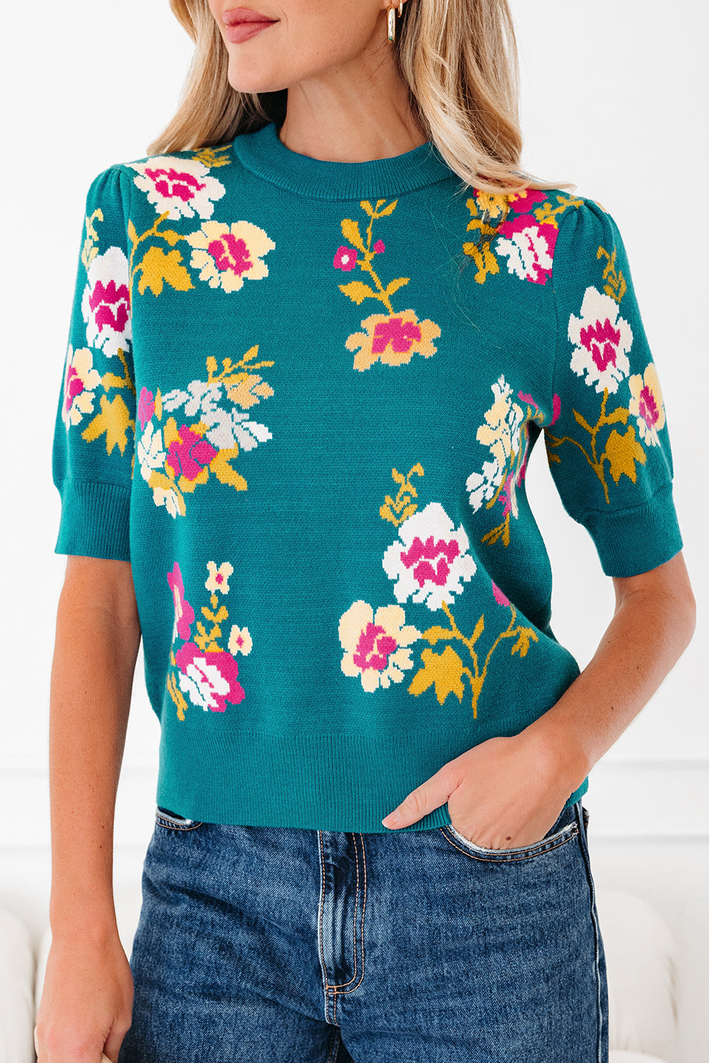Blue Flower Pattern Mock Neck Short Sleeve Knitted T Shirt