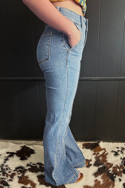Dusk Blue 2 Button High Waist Piping Trim Bootcut Jeans