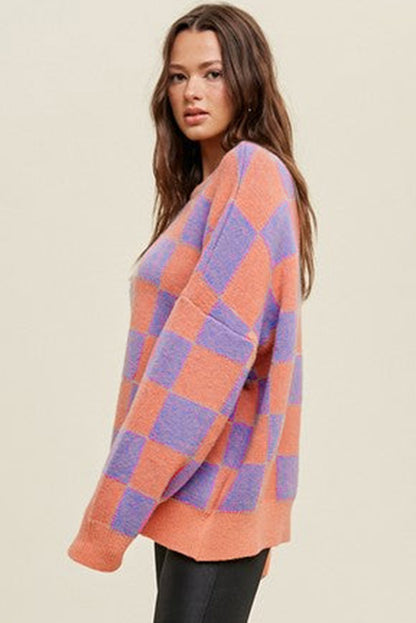 Grapefruit Orange Checkered Pattern Ribbed Trim Knit Baggy Sweater