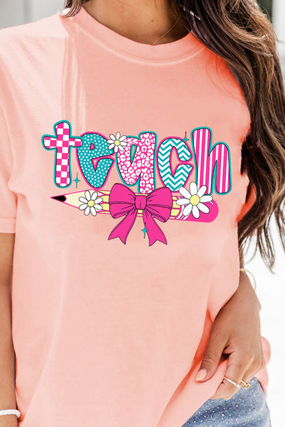 Pink Preppy Retro Checkered Coquette Teach Graphic T-Shirt