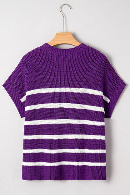 Purple Stripe Raw Edge Patched Pocket Short Sleeve Knit Sweater