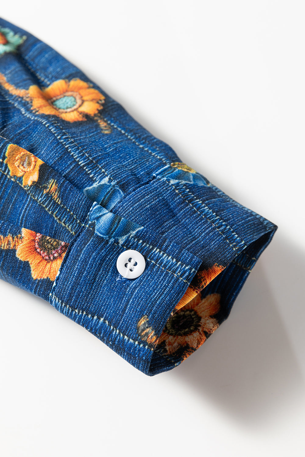 Blue Floral Collared V Neck Roll up Sleeve Shift Blouse