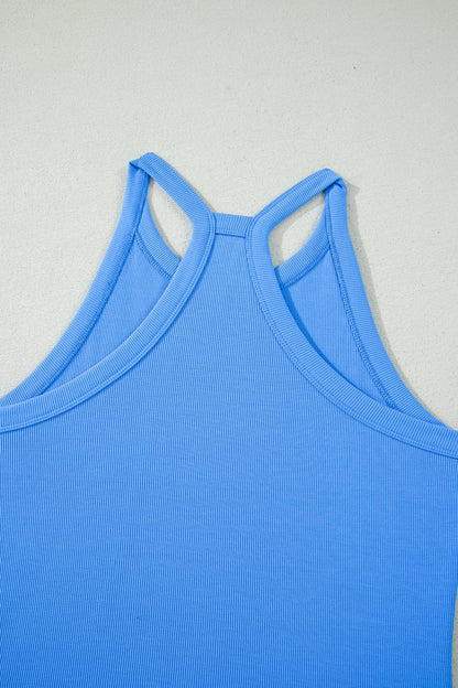 Sky Blue Slim Tank Top Elastic High Waist Shorts 2pcs Outfit