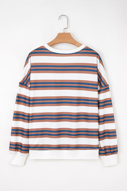 Khaki Stripe Crew Neck Drop Shoulder Pullover Sweatshirt