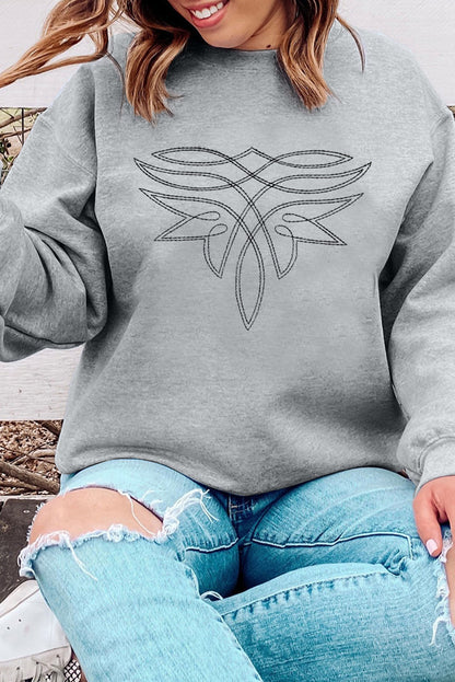 Gray Western Pattern Embroidered Drop Shoulder Pullover Top