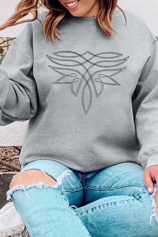 Gray Western Pattern Embroidered Drop Shoulder Pullover Top