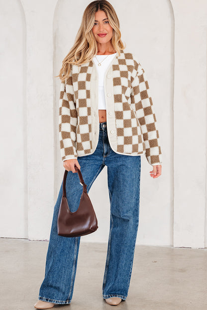 Brown Checkered Sherpa Buttoned Front Chunky Jacket