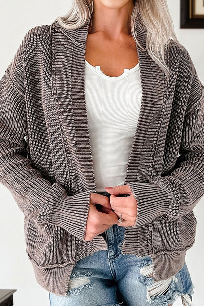 Chestnut Mineral Wash Exposed Seam Patchwork Knit Open Sweater Cardigan