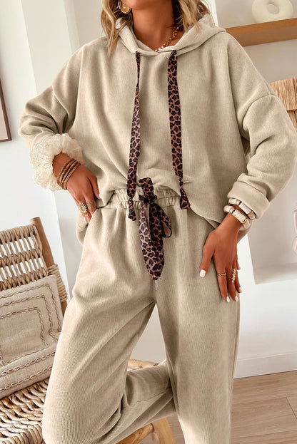 Rose Tan Lace Drawstring Pullover Hoodie and High Waist Pants Corduroy Suit