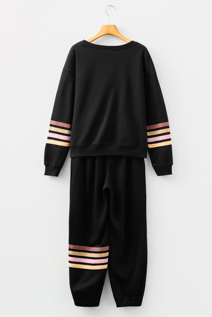 Black Striped Drop Shoulder Round Neck Pullover and Jogger Pants Active Outfit